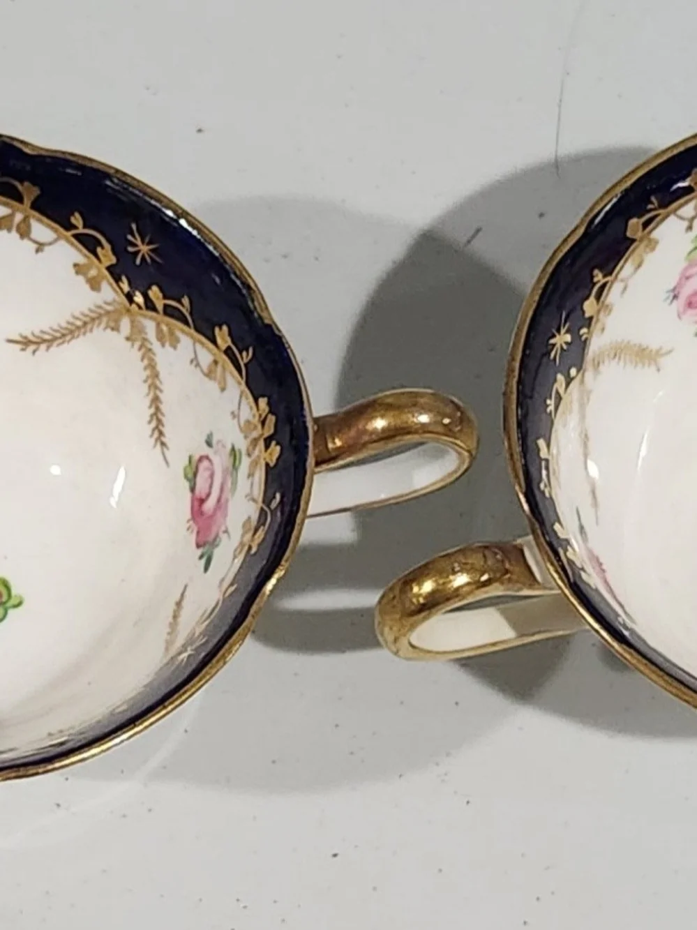 Antique Grosvenor China Bouillon Cups Pair Cobalt Blue Gold Rose 1920s Jackson G